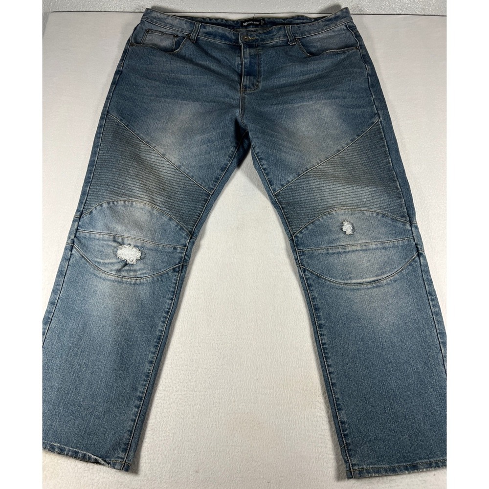 Royal Blue Biker Jeans Men 42 Blue Good Distressed Moto Straight Fit Denim